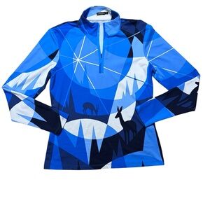 J. McLaughlin Blue and White Patterned Activewear Top Small